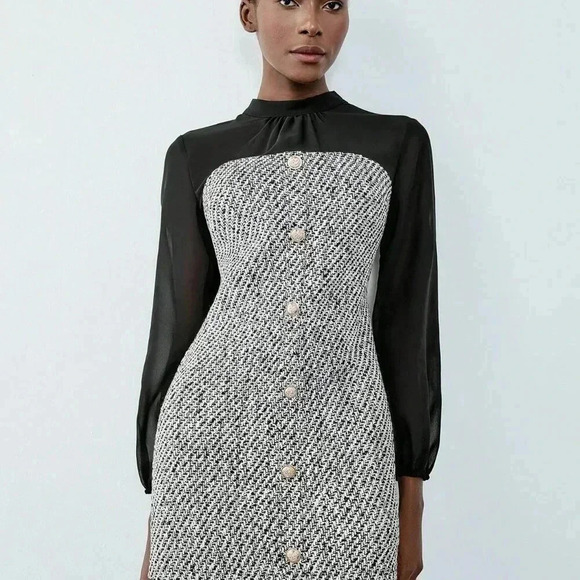 Black Elegant Women's Button Decor Chiffon Patchwork Lantern Sleeve Dress - Picture 6 of 6